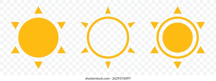 Sun icon set. Solar icon. Yellow sun icons. Yellow sun star icons. Vector illustration