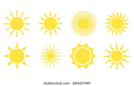 Sun icon set. Star logo icon. For summer, nature, sky, summer. Sun silhouette. Isolated vector illustration.