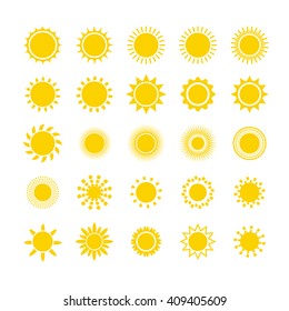 Sun icon set. Star logo icon. For summer, nature, sky, summer. Sun silhouette. Isolated vector illustration.