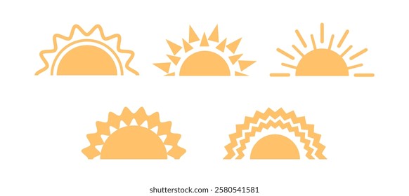 Sun icon set with straight and wavy beams, isolated sunshine, sunrise or sunset. Vector decorative circle full and half daystar and sunlight. Source of solar energy. Brightness and positivity symbol