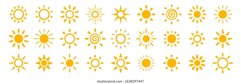 Sun icon set. Summer day logo. Sunny weather signs in warm yellow color. Hope symbol. Solar energy label. Beach vibe logotype. Vector illustration