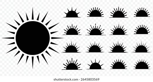 Conjunto de ícones da Sun. Design de verão e ilustrações de vetor positivas.