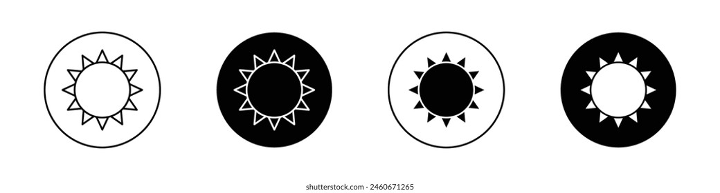 Conjunto de iconos de sol. Vector de luz solar de verano. símbolo de sol. símbolo de día soleado. rayo de sol diurno o símbolo de rayo de sol en estilo negro relleno y perfilado.