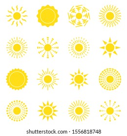 The sun icon set. For summer, nature, sky, summer. The silhouette of the sun. Isolated vector illustration.
