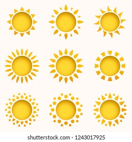 Sun icon set. Summer sky elements. Sun silhouettes collection. Isolated sun symbol. Cute cartoon sun icons with shadow, stroke and 3d effect. Paper and craft style. Vector Illustration.  