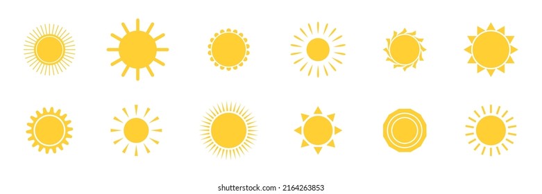 Sun icon set. Summer sunny shape. Star symbol. Sunbeam silhouette. Temperature logo. Sunlight symbol. Sunrise light. Nature background. App solar design element. Summer ray. Vector illustration.