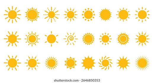 Sun icon set. Summer yellow sun star icons. Hot solar energy for tan. Sun ray yellow burst, summer symbol. Brightness symbol. Vector illustration