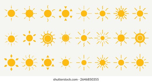 Sun icon set. Summer yellow sun star icons. Hot solar energy for tan. Sun ray yellow burst, summer symbol. Brightness symbol. Vector illustration