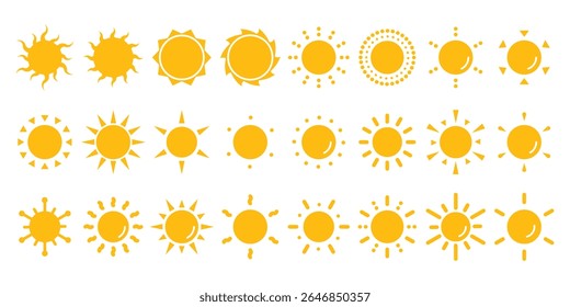Sun icon set. Summer yellow sun star icons. Hot solar energy for tan. Sun ray yellow burst, summer symbol. Brightness symbol. Vector illustration