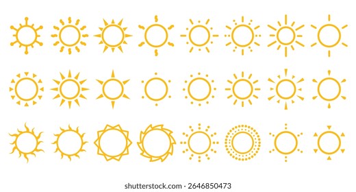 Sun icon set. Summer yellow sun star line icons. Hot solar energy for tan. Sun ray yellow burst, summer symbol. Brightness symbol. Vector illustration
