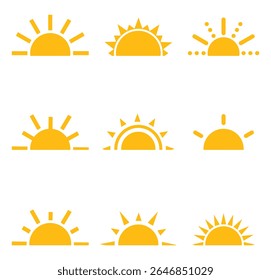 Conjunto de iconos de sol. Iconos de estrella amarilla de verano. Puesta de sol, símbolo de salida del sol. Colección de medio Vector solar. Energía solar caliente para bronceado. Ráfaga amarilla del rayo de sol, símbolo del verano. Símbolo de brillo. Ilustración vectorial