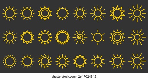 Sun icon set. Summer yellow sun star icons. Hot solar energy for tan. Sun ray yellow burst, summer symbol. Brightness symbol. Vector illustration