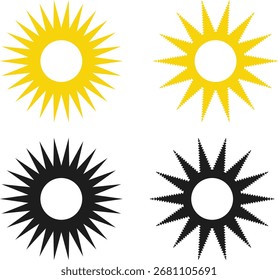 Sun icon set.  Summertime figure concept. Sunset symbol. Hot solar energy for tan. Sunshine simple icons collection