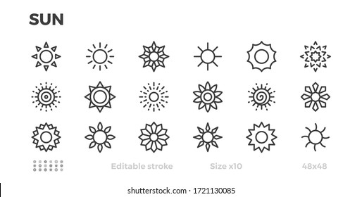 Sun icon set. Sunny weather, warm. Star symbol. Editable stroke.