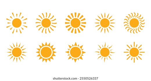 Sun icon set. Sunset icon collection. Sunshine icon set. Sunrise icon collection. Bright Sun collection. Perfect for Summer, Travel, Weather Forecast, Nature , and Renewable Energy Design Projects