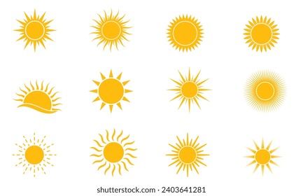 Sun-Icon-Set. Sonnenuntergang-Symbol. Sonnenaufgang Symbol gesetzt.  Sonnenschein, Vektorgrafik, Sommer, Sonnenlicht, Vektorgrafik.
