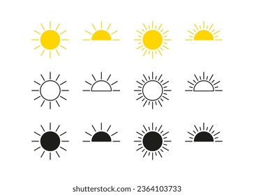 Sonnencreme, Sonnenschein, Sonnenaufgang oder Sonnenuntergang. Dekorative Kreise Sonne und Sonnenlicht. Heiße Sonnenenergie für Bräune. Gelbe, Linie und schwarze Sonne. Vektorgrafik