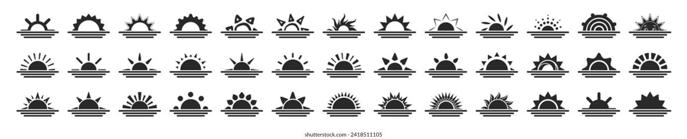 sun icon set, sunshine and solar glow, sunrise or sunset. Shine sun ray set. Sunshine vector sign