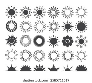 Sun icon set, sunshine and solar glow, Sunrise or sunset, Sun icons isolated on white background, Sun vector illustration