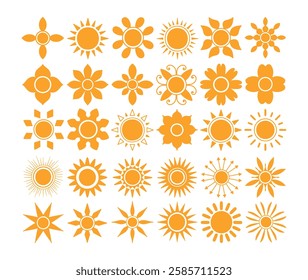 Sun icon set, sunshine and solar glow, Sunrise or sunset, Sun icons isolated on white background, Sun vector illustration