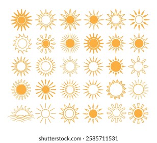 Sun icon set, sunshine and solar glow, Sunrise or sunset, Sun icons isolated on white background, Sun vector illustration