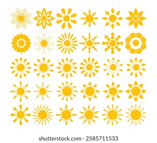 Sun icon set, sunshine and solar glow, Sunrise or sunset, Sun icons isolated on white background, Sun vector illustration