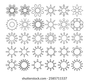 Sun icon set, sunshine and solar glow, Sunrise or sunset, Sun icons isolated on white background, Sun vector illustration