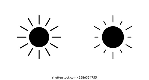 sun icon set, sunshine and solar glow, sunrise or sunset. Decorative circle full and half sun and sunlight. Hot solar energy for tan. Vector sign. solar icons,vector flat design, yellow sun circles.