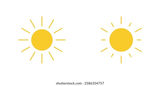 sun icon set, sunshine and solar glow, sunrise or sunset. Decorative circle full and half sun and sunlight. Hot solar energy for tan. Vector sign. solar icons,vector flat design, yellow sun circles.