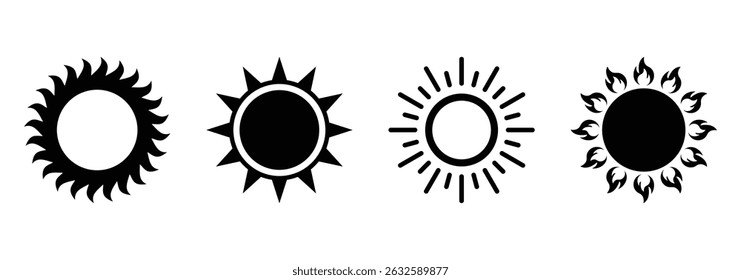 Ícone de sol definido, sol e brilho solar, nascer do sol. Círculo decorativo sol completo e luz solar. Energia solar quente para bronzeado. Ilustração de sinal de vetor. EPS 10