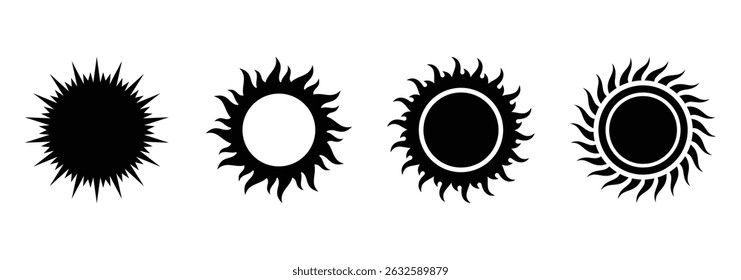 Sun icon set, sunshine and solar glow, sunrise. Decorative circle full sun and sunlight. Hot solar energy for tan. Vector sign illustration. EPS 10