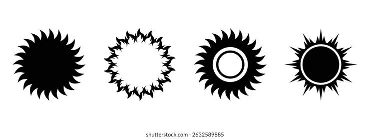 Sun icon set, sunshine and solar glow, sunrise. Decorative circle full sun and sunlight. Hot solar energy for tan. Vector sign illustration. EPS 10