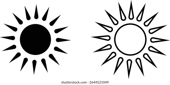 Puesta del sol, sol y salida o puesta del sol con brillo solar. Círculo decorativo lleno y medio sol y luz del sol. Energía solar caliente para bronceado. colección de signo de luz solar de Vector aislada sobre fondo transparente