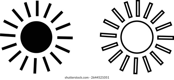 Sun icon set, sunshine and solar glow sunrise or sunset. Decorative circle full and half sun and sunlight. Hot solar energy for tan. Vector sun light sign collection isolated on transparent background