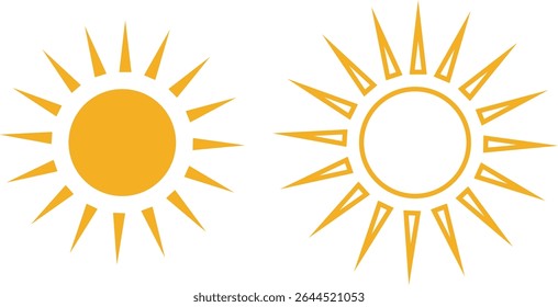 O conjunto de ícones do sol, a luz do sol e o brilho solar nascer ou pôr do sol. Círculo decorativo cheio e meio sol e luz solar. Energia solar quente para bronzeado. Coleção de sinais de luz solar vetorial isolada no plano de fundo transparente