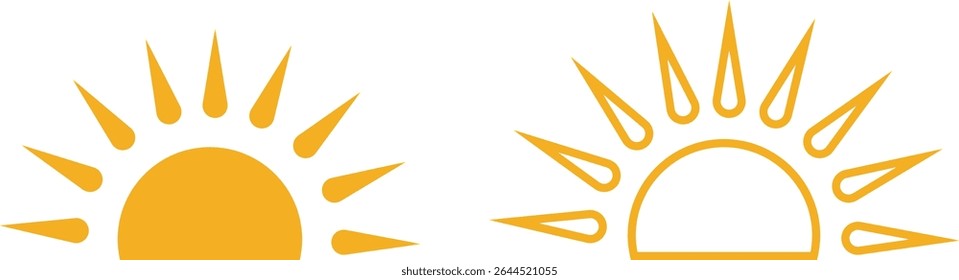 Sun icon set, sunshine and solar glow sunrise or sunset. Decorative circle full and half sun and sunlight. Hot solar energy for tan. Vector sun light sign collection isolated on transparent background