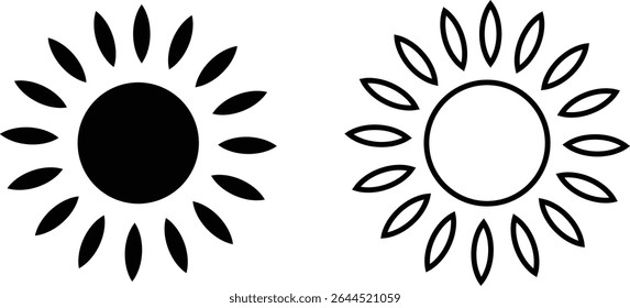 Sun icon set, sunshine and solar glow sunrise or sunset. Decorative circle full and half sun and sunlight. Hot solar energy for tan. Vector sun light sign collection isolated on transparent background