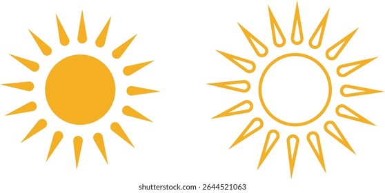 Sun icon set, sunshine and solar glow sunrise or sunset. Decorative circle full and half sun and sunlight. Hot solar energy for tan. Vector sun light sign collection isolated on transparent background