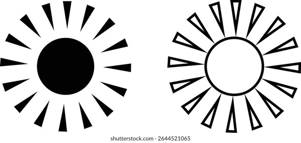 Sun icon set, sunshine and solar glow sunrise or sunset. Decorative circle full and half sun and sunlight. Hot solar energy for tan. Vector sun light sign collection isolated on transparent background