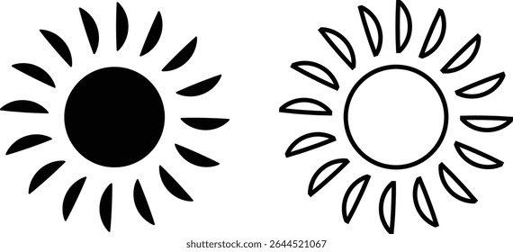Sun icon set, sunshine and solar glow sunrise or sunset. Decorative circle full and half sun and sunlight. Hot solar energy for tan. Vector sun light sign collection isolated on transparent background