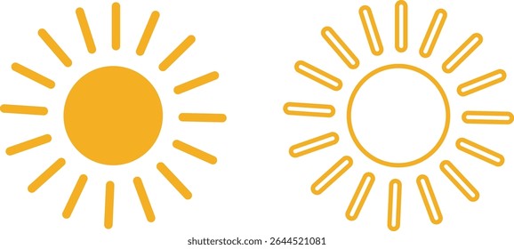 O conjunto de ícones do sol, a luz do sol e o brilho solar nascer ou pôr do sol. Círculo decorativo cheio e meio sol e luz solar. Energia solar quente para bronzeado. Coleção de sinais de luz solar vetorial isolada no plano de fundo transparente