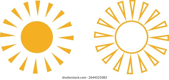 Puesta del sol, sol y salida o puesta del sol con brillo solar. Círculo decorativo lleno y medio sol y luz del sol. Energía solar caliente para bronceado. colección de signo de luz solar de Vector aislada sobre fondo transparente