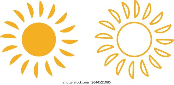 O conjunto de ícones do sol, a luz do sol e o brilho solar nascer ou pôr do sol. Círculo decorativo cheio e meio sol e luz solar. Energia solar quente para bronzeado. Coleção de sinais de luz solar vetorial isolada no plano de fundo transparente