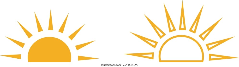 Puesta del sol, sol y salida o puesta del sol con brillo solar. Círculo decorativo lleno y medio sol y luz del sol. Energía solar caliente para bronceado. colección de signo de luz solar de Vector aislada sobre fondo transparente