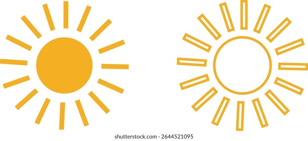Sun icon set, sunshine and solar glow sunrise or sunset. Decorative circle full and half sun and sunlight. Hot solar energy for tan. Vector sun light sign collection isolated on transparent background