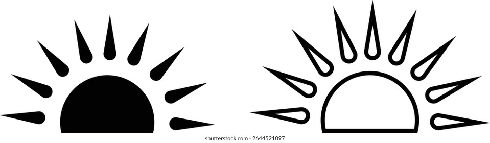 Sun icon set, sunshine and solar glow sunrise or sunset. Decorative circle full and half sun and sunlight. Hot solar energy for tan. Vector sun light sign collection isolated on transparent background
