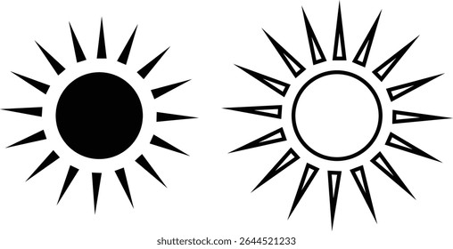 Sun icon set, sunshine and solar glow sunrise or sunset. Decorative circle full and half sun and sunlight. Hot solar energy for tan. Vector sun light sign collection isolated on transparent background
