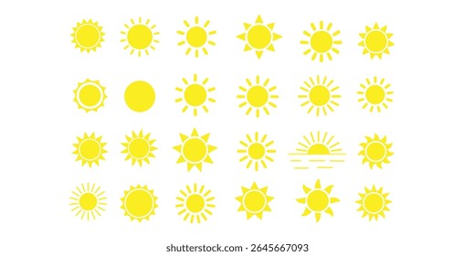  puesta de sol, sol y brillo solar, salida o puesta de sol. Círculo decorativo lleno y medio sol y luz del sol. Energía solar caliente para bronceado. signo de Vector