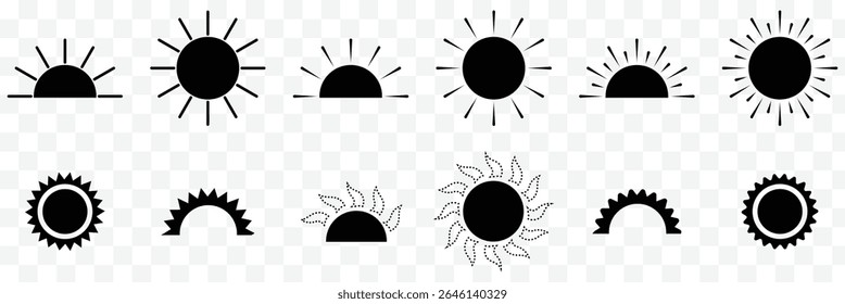 sun icon set, sunshine and solar glow, sunrise or sunset. Decorative circle full and half sun and sunlight. Hot solar energy for tan. Vector EPS 10