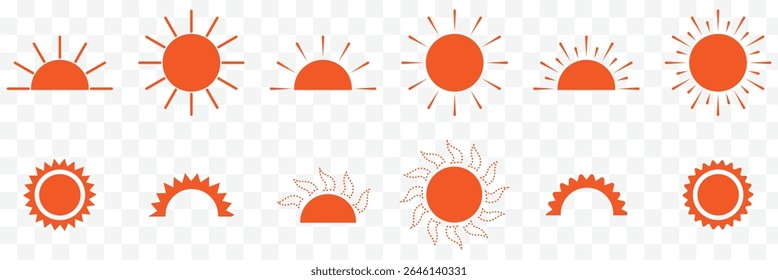 sun icon set, sunshine and solar glow, sunrise or sunset. Decorative circle full and half sun and sunlight. Hot solar energy for tan. Vector EPS 10
